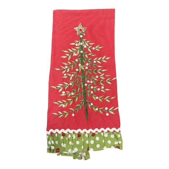 VTG Pier 1 Imports 100% Cotton Red Green White Christmas Tree Polkadot Tea Towel - Picture 1 of 11